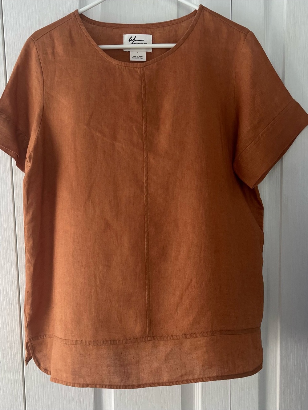 Andrea Jovine Rust Brown 100% Linen Tunic Top Minimalist short sleeved Large